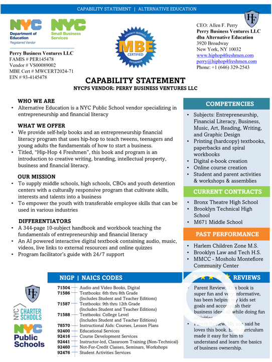 Alternative Education's Capability Statement for Hip-Hop 4 Freshmen